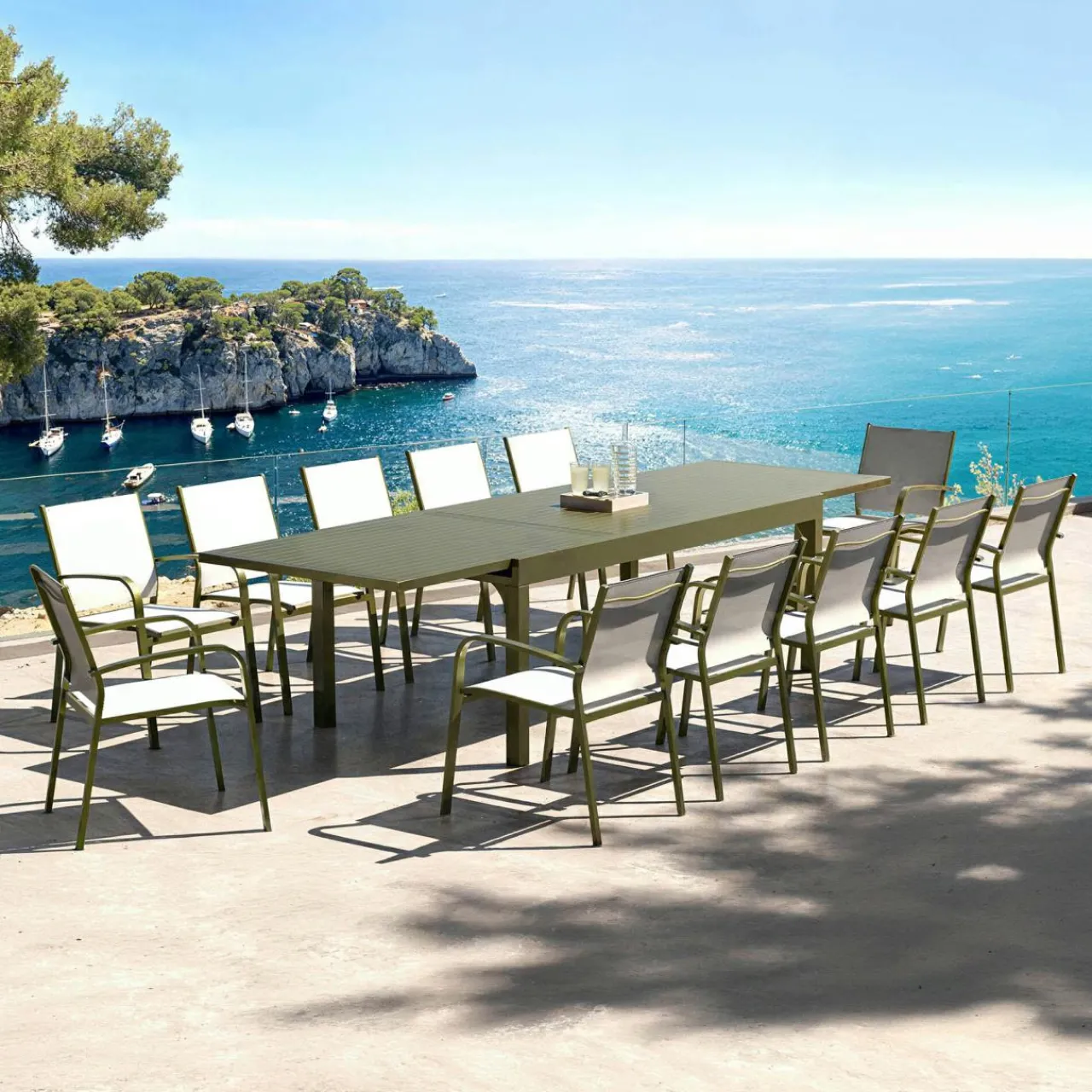 Table De Jardin|Salon De Jardin|MOBELLIA Table de jardin extensible aluminium 12 places (200/320 x 100 cm) Murano Vert olive