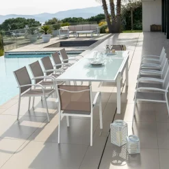 Salon De Jardin|Table De Jardin|MOBELLIA Table de jardin extensible en verre 12 places (200/320 x 100 cm) Murano Blanc