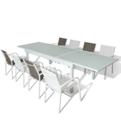 Salon De Jardin|Table De Jardin|MOBELLIA Table de jardin extensible en verre 12 places (200/320 x 100 cm) Murano Blanc
