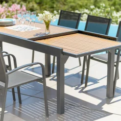 Table De Jardin|Salon De Jardin|MOBELLIA Table de jardin extensible en aluminium 10 places effet bois (135/270 x 90 cm) Murano Gris Anthracite