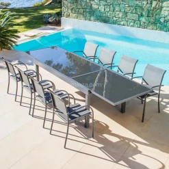 Table De Jardin|Salon De Jardin|MOBELLIA Table de jardin extensible en verre 12 places (200/320 x 100 cm) Murano Gris Anthracite