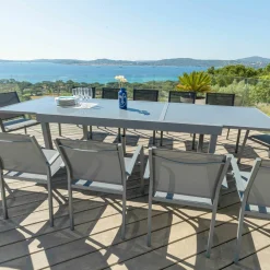 Table De Jardin|Salon De Jardin|MOBELLIA Table de jardin extensible en verre 12 places (200/320 x 100 cm) Murano Gris Anthracite