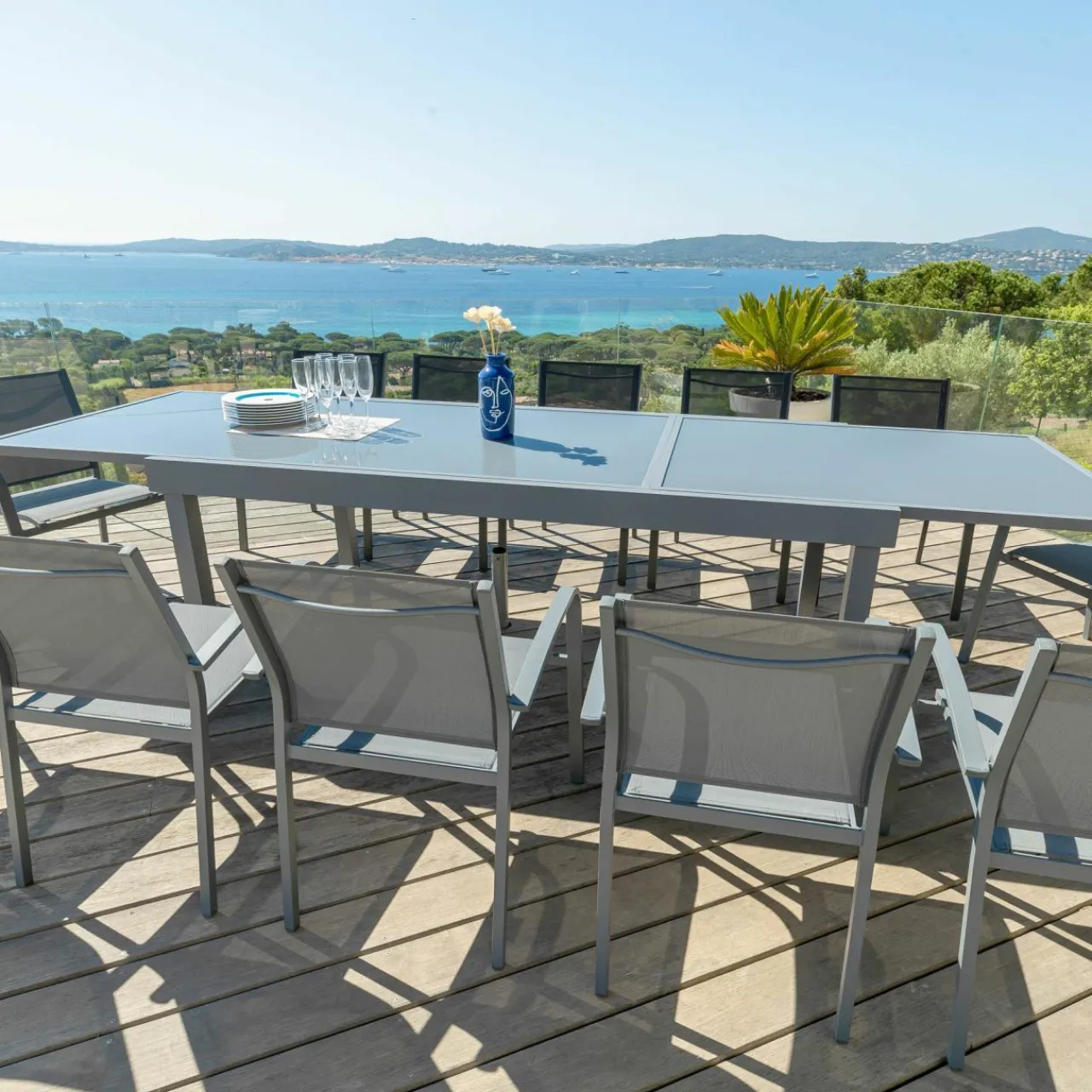 Table De Jardin|Salon De Jardin|MOBELLIA Table de jardin extensible en verre 12 places (200/320 x 100 cm) Murano Gris Anthracite