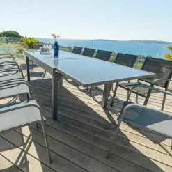 Table De Jardin|Salon De Jardin|MOBELLIA Table de jardin extensible en verre 12 places (200/320 x 100 cm) Murano Gris Anthracite