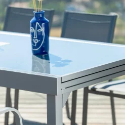 Table De Jardin|Salon De Jardin|MOBELLIA Table de jardin extensible en verre 12 places (200/320 x 100 cm) Murano Gris Anthracite