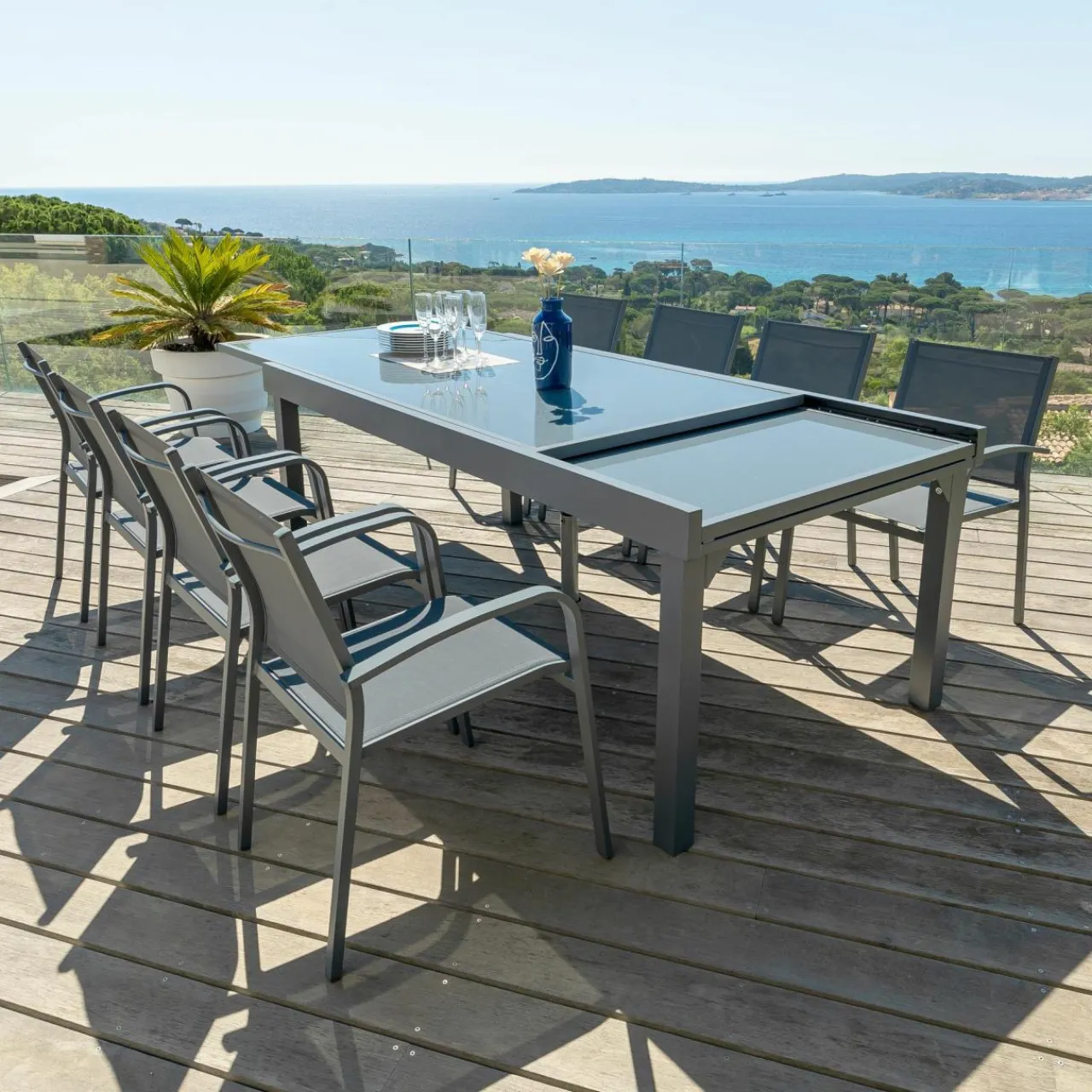 Table De Jardin|Salon De Jardin|MOBELLIA Table de jardin extensible en verre 12 places (200/320 x 100 cm) Murano Gris Anthracite