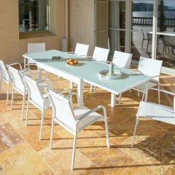 Salon De Jardin|Table De Jardin|MOBELLIA Table de jardin extensible en verre 10 places (135/270 x 90 cm) Murano Blanc