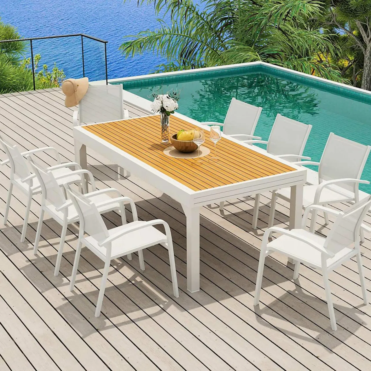 Table De Jardin|Salon De Jardin|MOBELLIA Table de jardin extensible en aluminium 12 places effet bois (200/320 x 100 cm) Murano Blanc