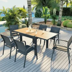 Table De Jardin|Salon De Balcon|MOBELLIA Table de jardin extensible en aluminium 8 places effet bois (90/180 x 90 cm) Murano Gris Anthracite