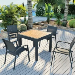 Table De Jardin|Salon De Balcon|MOBELLIA Table de jardin extensible en aluminium 8 places effet bois (90/180 x 90 cm) Murano Gris Anthracite