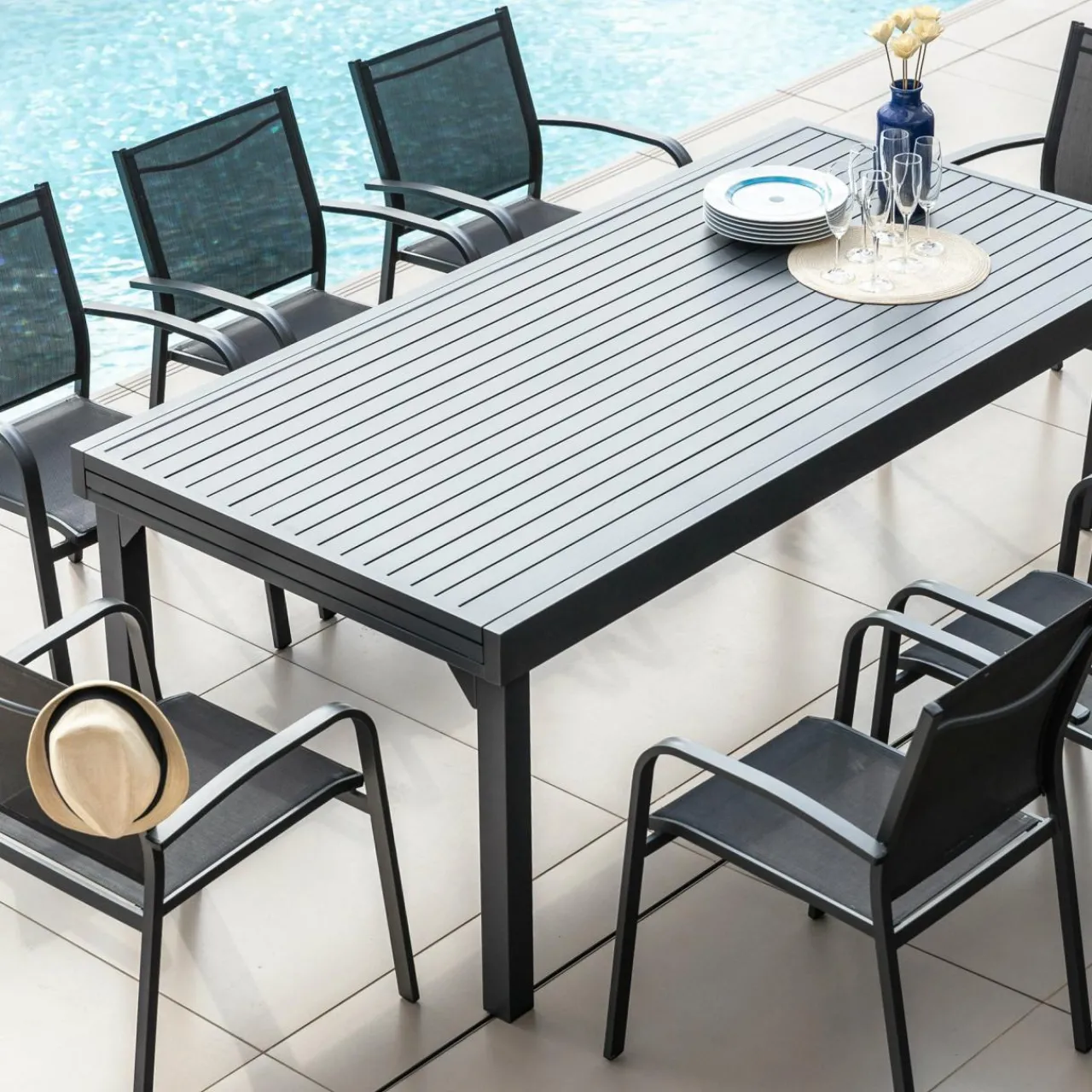 Table De Jardin|Salon De Jardin|MOBELLIA Table de jardin extensible aluminium 12 places (200/320 x 100 cm) Murano Gris Anthracite