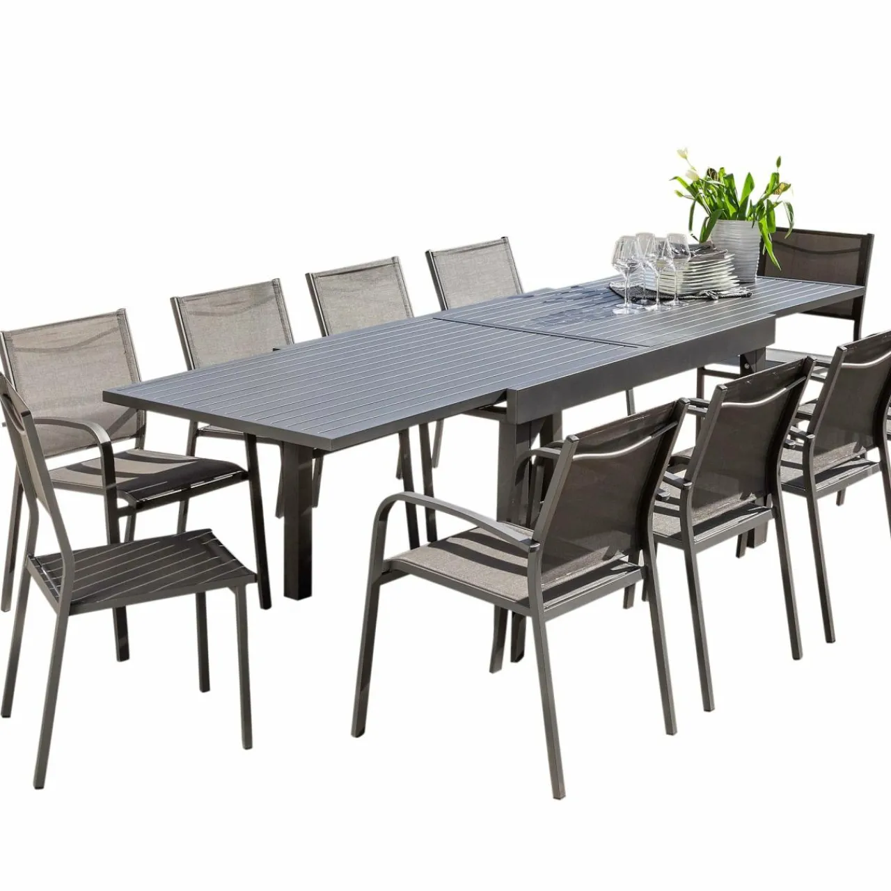 Table De Jardin|Salon De Jardin|MOBELLIA Table de jardin extensible aluminium 12 places (200/320 x 100 cm) Murano Gris Anthracite