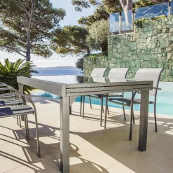Table De Jardin|Salon De Jardin|MOBELLIA Table de jardin extensible en verre 10 places (135/270 x 90 cm) Murano Gris Anthracite