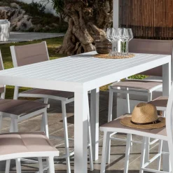Table De Jardin|Salon De Balcon|MOBELLIA Table de jardin haute en aluminium 6 places (160 x H105 cm) Murano Blanc