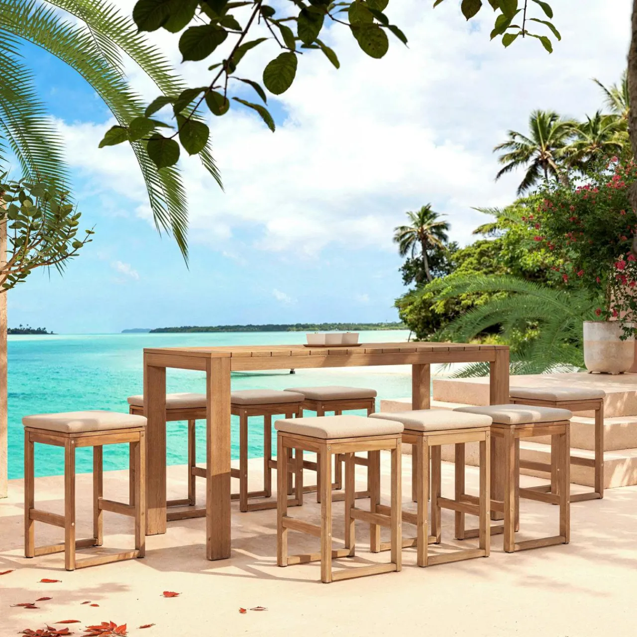 Table De Jardin|MOBELLIA Table de jardin haute en bois d'acacia 8 places (203 x H105 cm) Bornéo Naturel