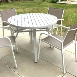 Table De Jardin|Salon De Balcon|MOBELLIA Table de jardin ronde en aluminium 5 places (D105 cm) Murano Blanc