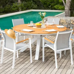 Table De Jardin|Salon De Jardin|MOBELLIA Table de jardin ronde en aluminium et bois teck 8 places (D140 cm) Bali Blanc
