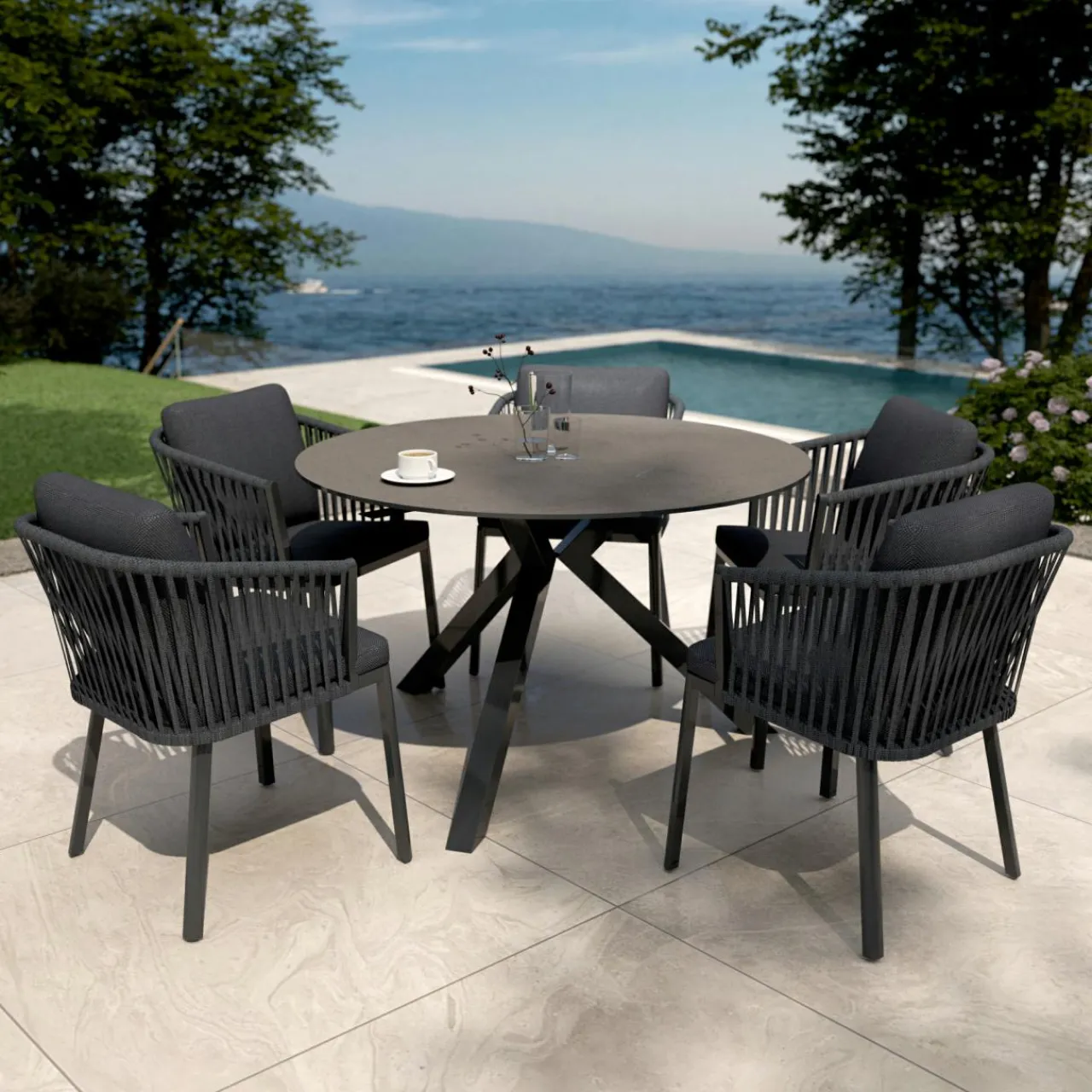 Table De Jardin|Salon De Jardin|MOBELLIA Table de jardin ronde en aluminium et céramique 6 places (D120 cm) Kore Gris Anthracite