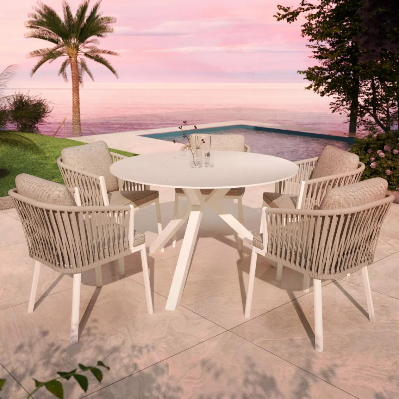 Table De Jardin|Salon De Jardin|MOBELLIA Table de jardin ronde en aluminium et céramique 6 places (D120 cm) Kore Blanc
