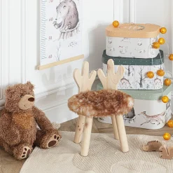 Petit Meuble Enfant|Atmosphera cru017dateur d'intu017drieur for kids Tabouret enfant bois et fausse fourrure (H38 cm) Cerf Marron