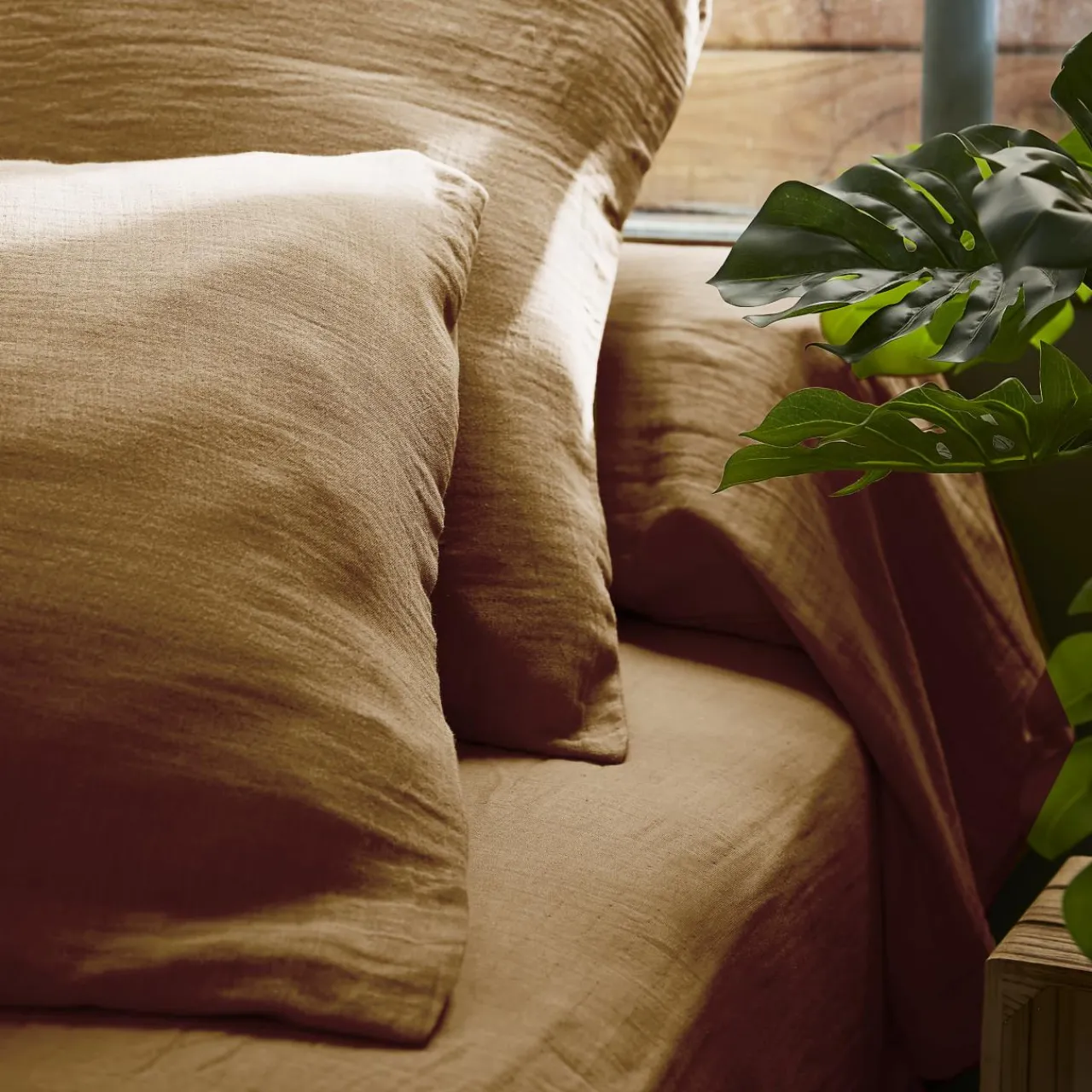 Taie D'Oreiller, Traversin|EMINZA Taie de traversin gaze de coton (L185 cm) Gaïa Camel