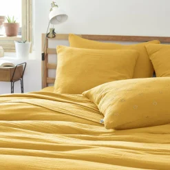 Taie D'Oreiller, Traversin|EMINZA Taie d'oreiller carrée gaze de coton (60 x 60 cm) Gaïa Boho Jaune safran