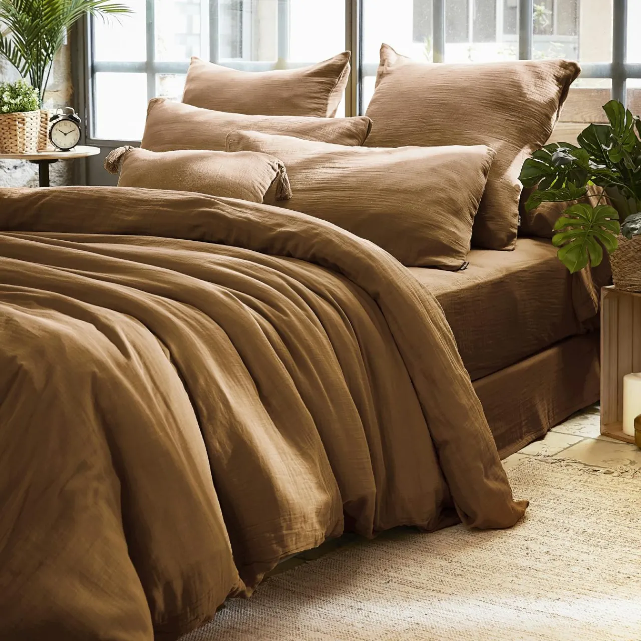 Taie D'Oreiller, Traversin|EMINZA Taie d'oreiller carrée gaze de coton (60 x 60 cm) Gaïa Camel