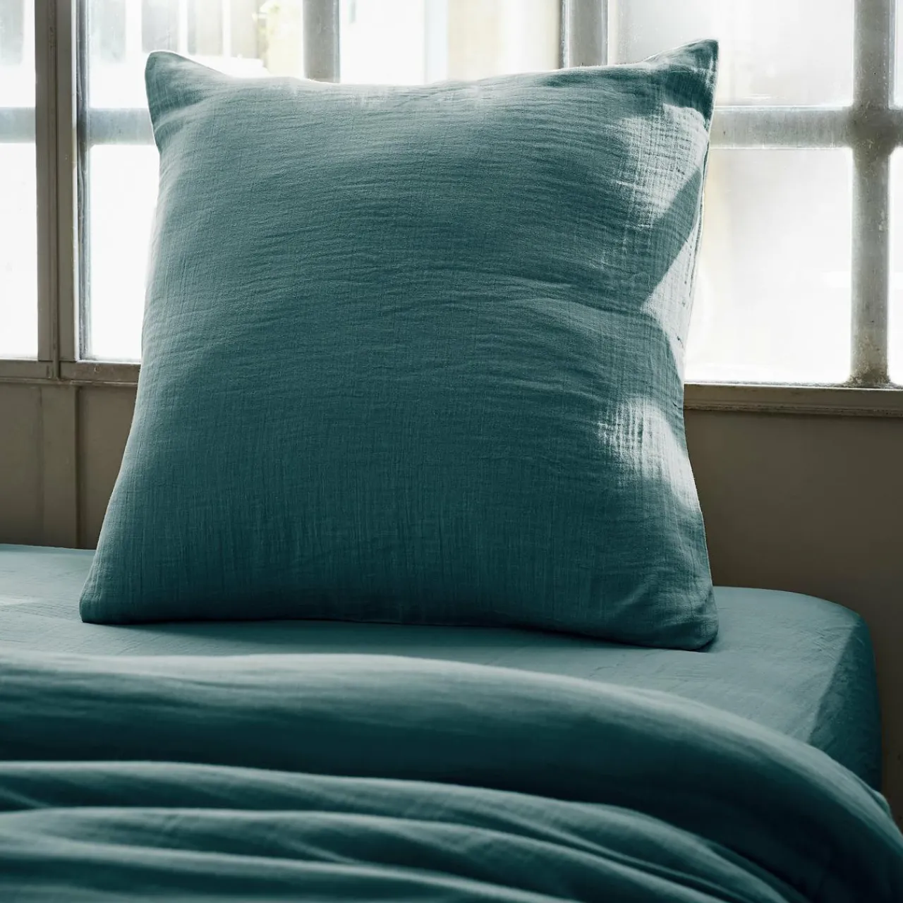 Taie D'Oreiller, Traversin|EMINZA Taie d'oreiller carrée gaze de coton (60 x 60 cm) Gaïa Bleu canard