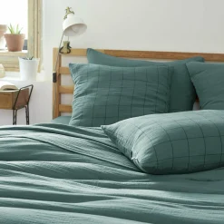 Taie D'Oreiller, Traversin|EMINZA Taie d'oreiller carrée gaze de coton (60 x 60 cm) Gaïa Match Bleu canard