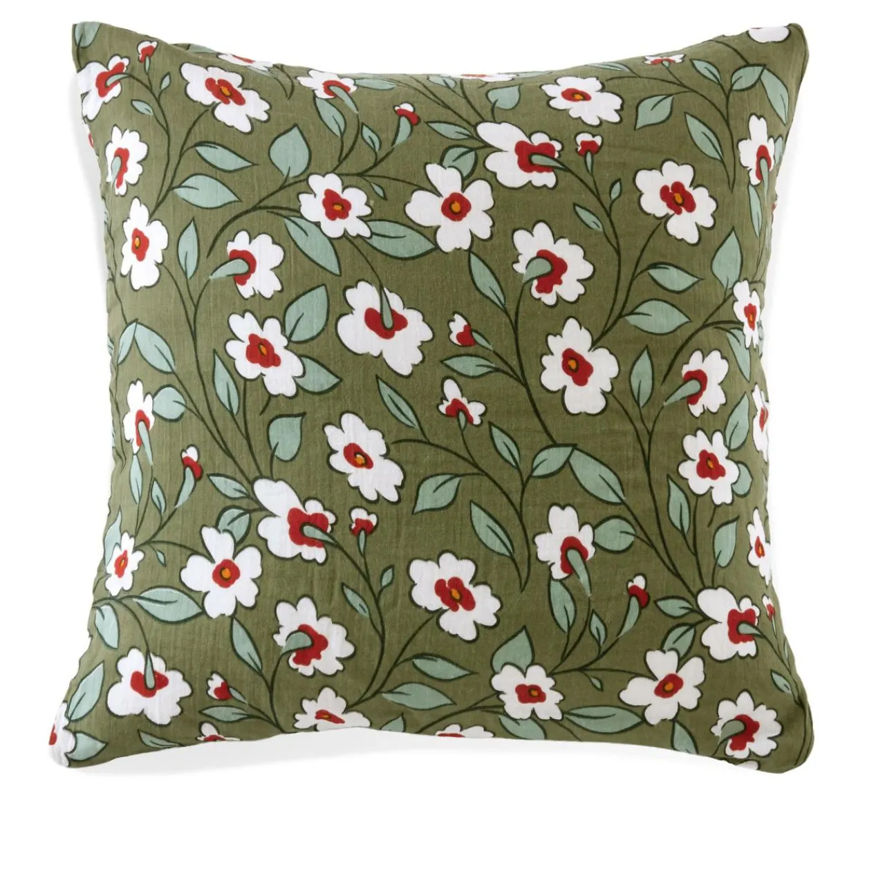 Taie D'Oreiller, Traversin|EMINZA Taie d'oreiller carrée gaze de coton (60 x 60 cm) Gaïa Marguerite Vert Romarin