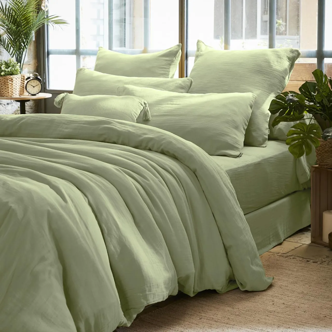 Taie D'Oreiller, Traversin|EMINZA Taie d'oreiller carrée gaze de coton (80 x 80 cm) Gaïa Vert tilleul