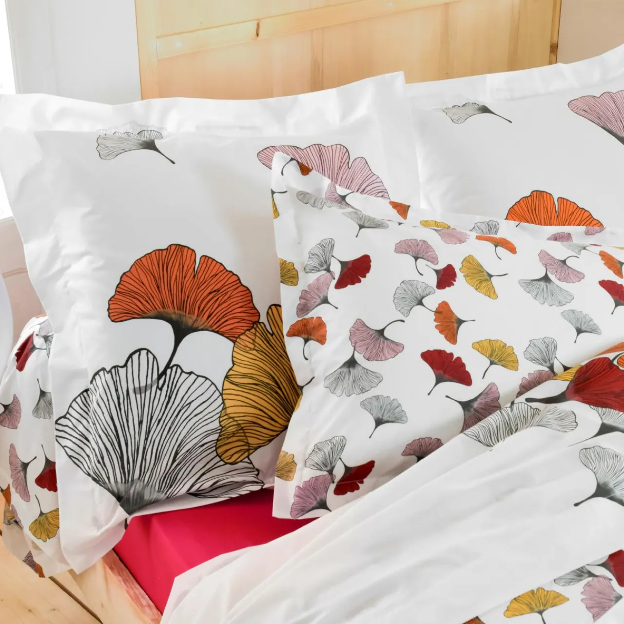 Taie D'Oreiller, Traversin|TRADI LINGE Taie d'oreiller carrée percale de coton (65 x 65 cm) Ginkgo Multicolore