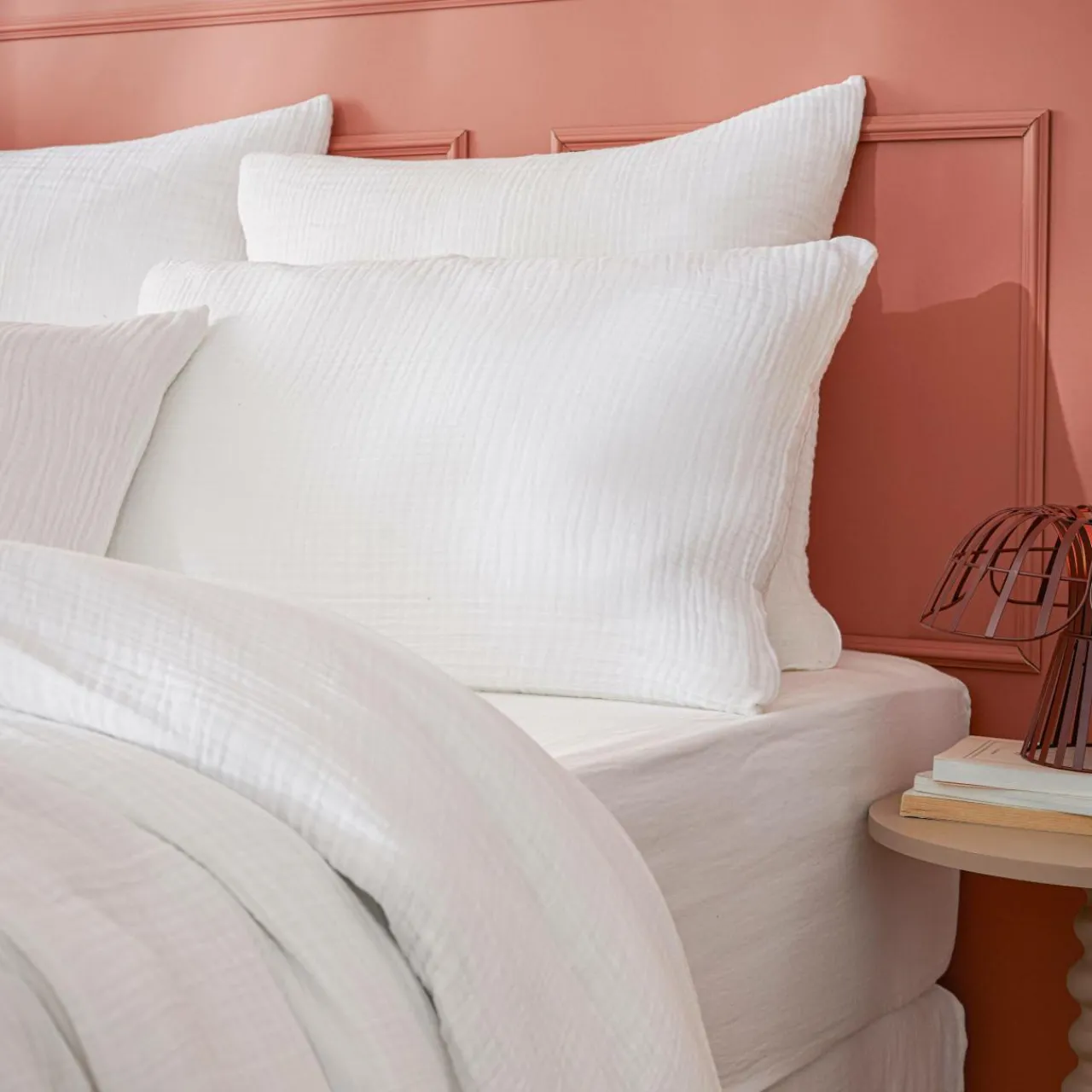 Taie D'Oreiller, Traversin|EMINZA Taie d'oreiller quadruple gaze de coton (50 x 70 cm) Victoria x Gaïa chantilly Blanc