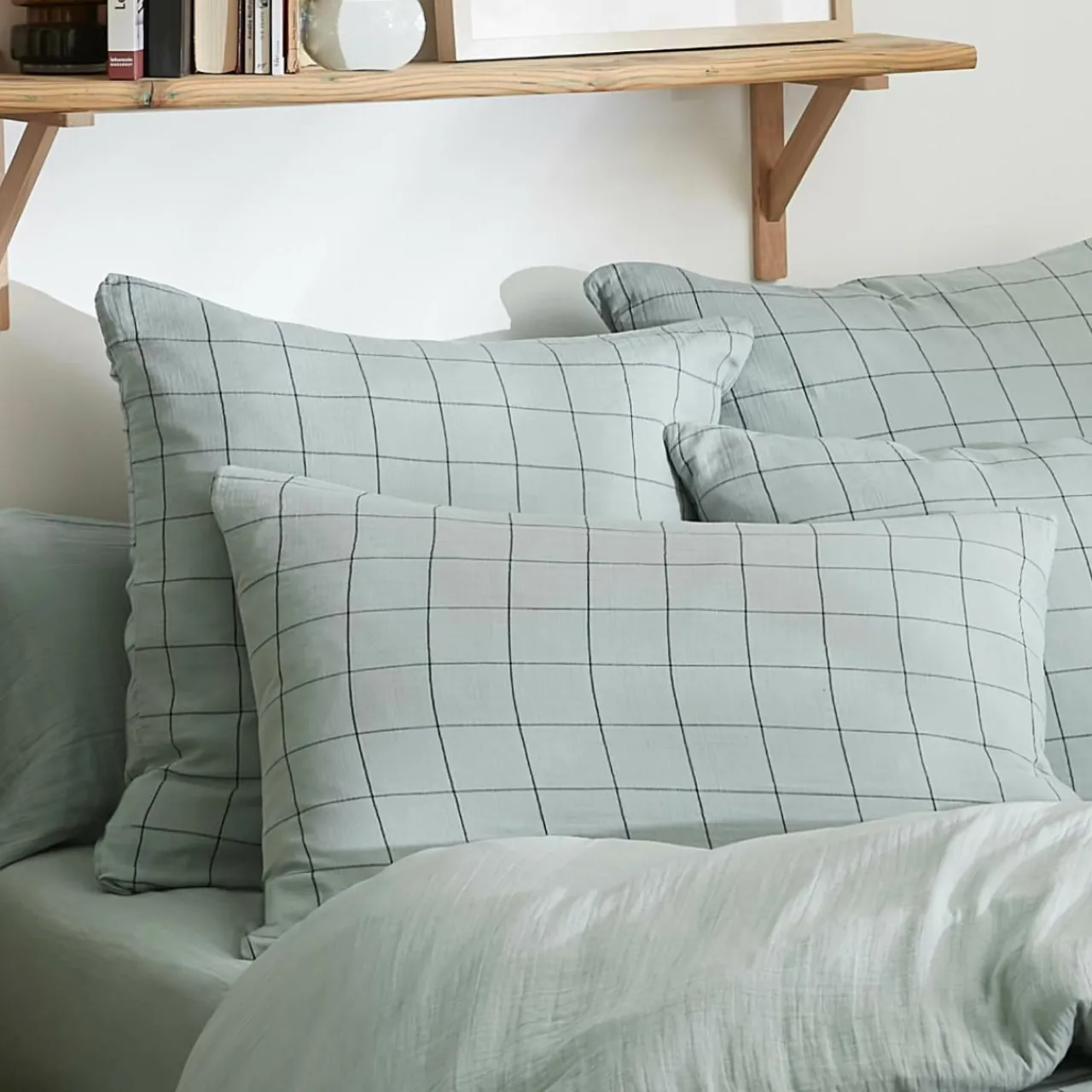 Taie D'Oreiller, Traversin|EMINZA Taie d'oreiller rectangulaire gaze de coton (50 x 70 cm) Gaïa Match Vert Eucalyptus