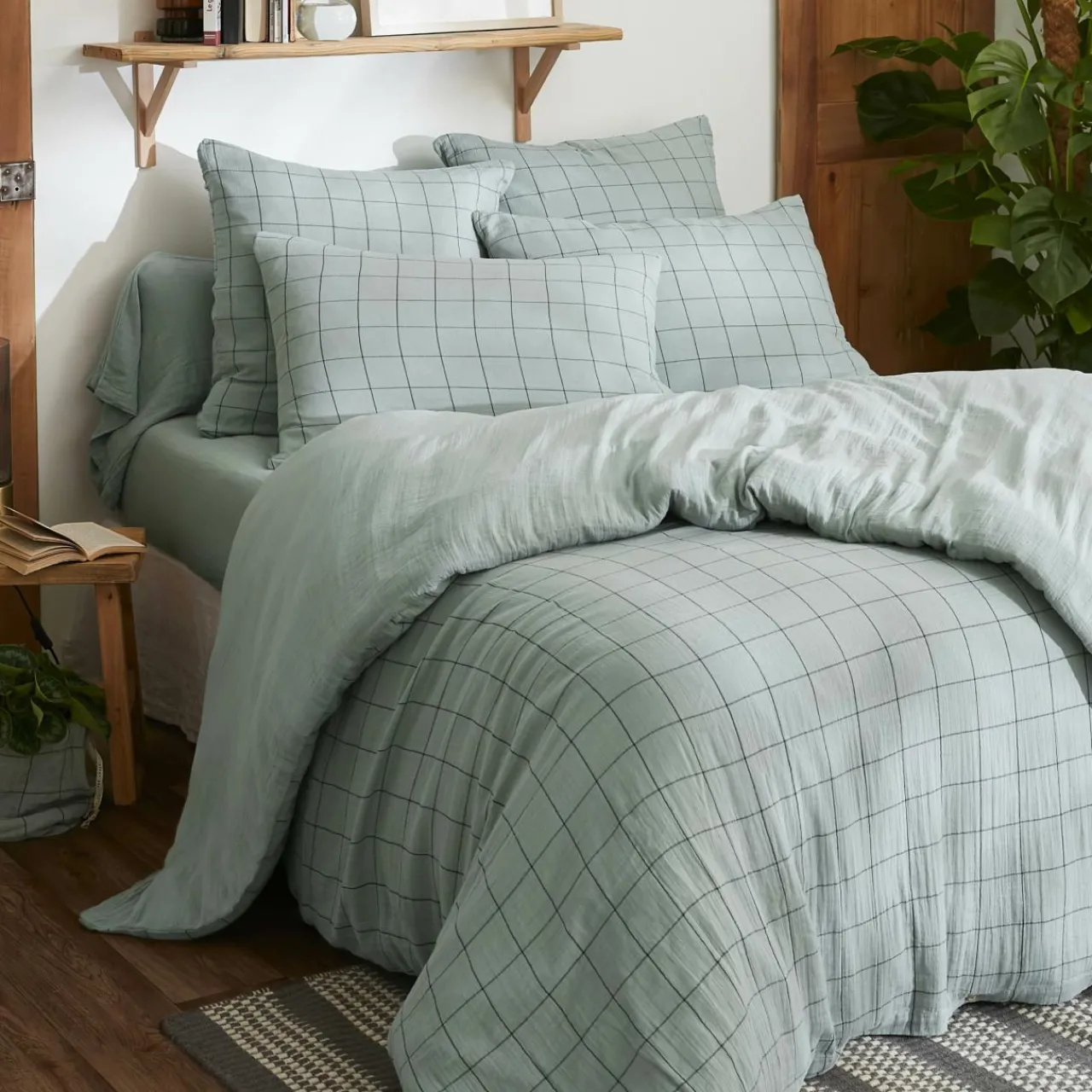 Taie D'Oreiller, Traversin|EMINZA Taie d'oreiller rectangulaire gaze de coton (50 x 70 cm) Gaïa Match Vert Eucalyptus