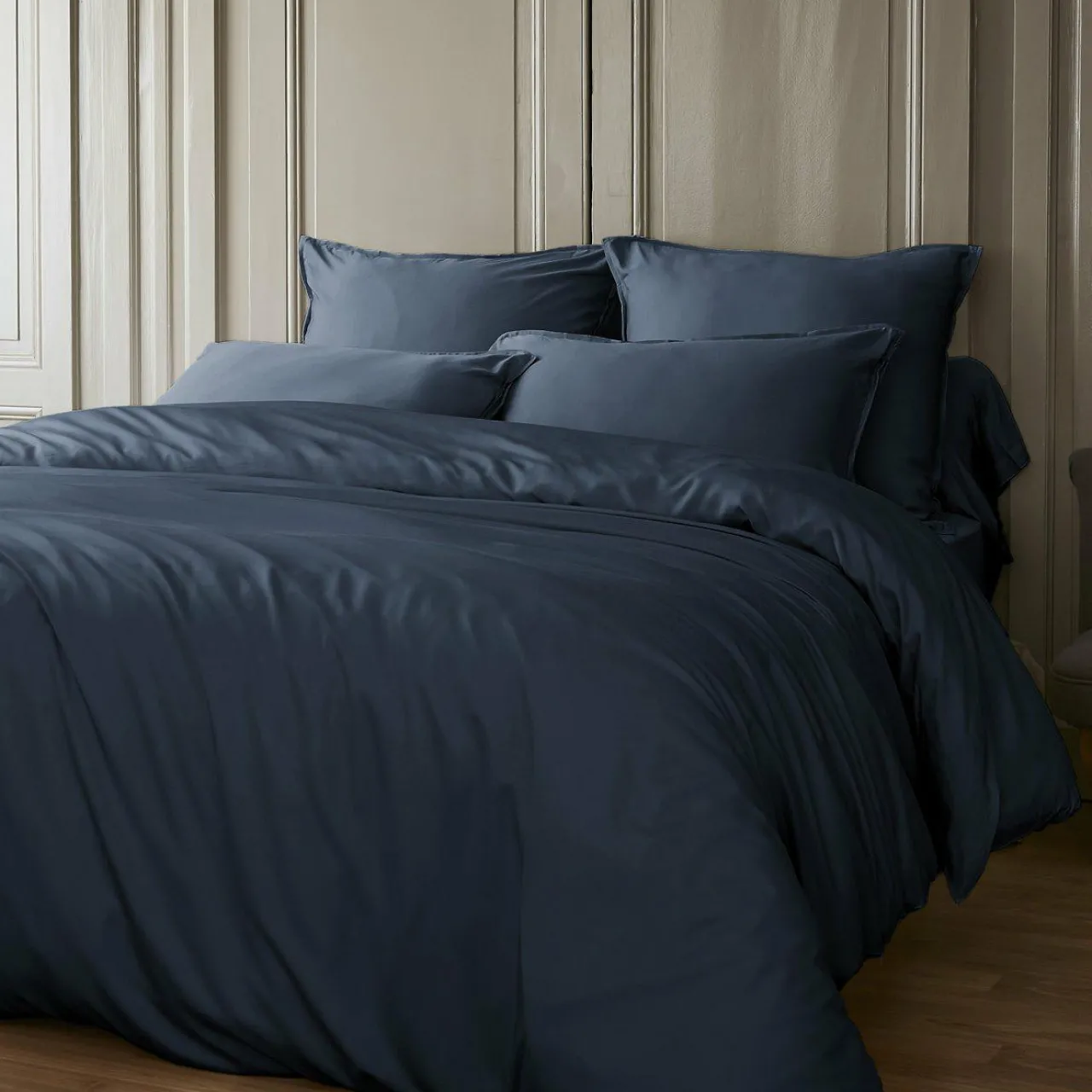 Taie D'Oreiller, Traversin|EMINZA Taie d'oreiller rectangulaire satin de bambou (50 x 70 cm) Sienna Bleu nuit