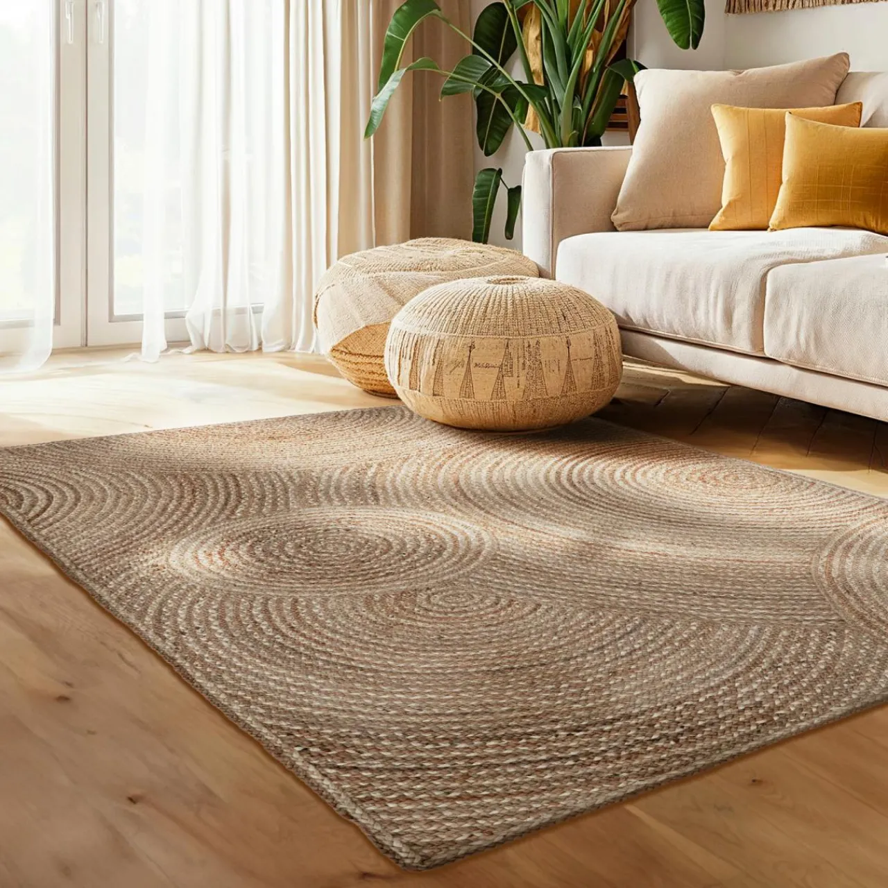 Tapis De Chambre/Salon|EMINZA Tapis de salon rectangulaire jute tressée main (160 x 230 cm) Neha Beige