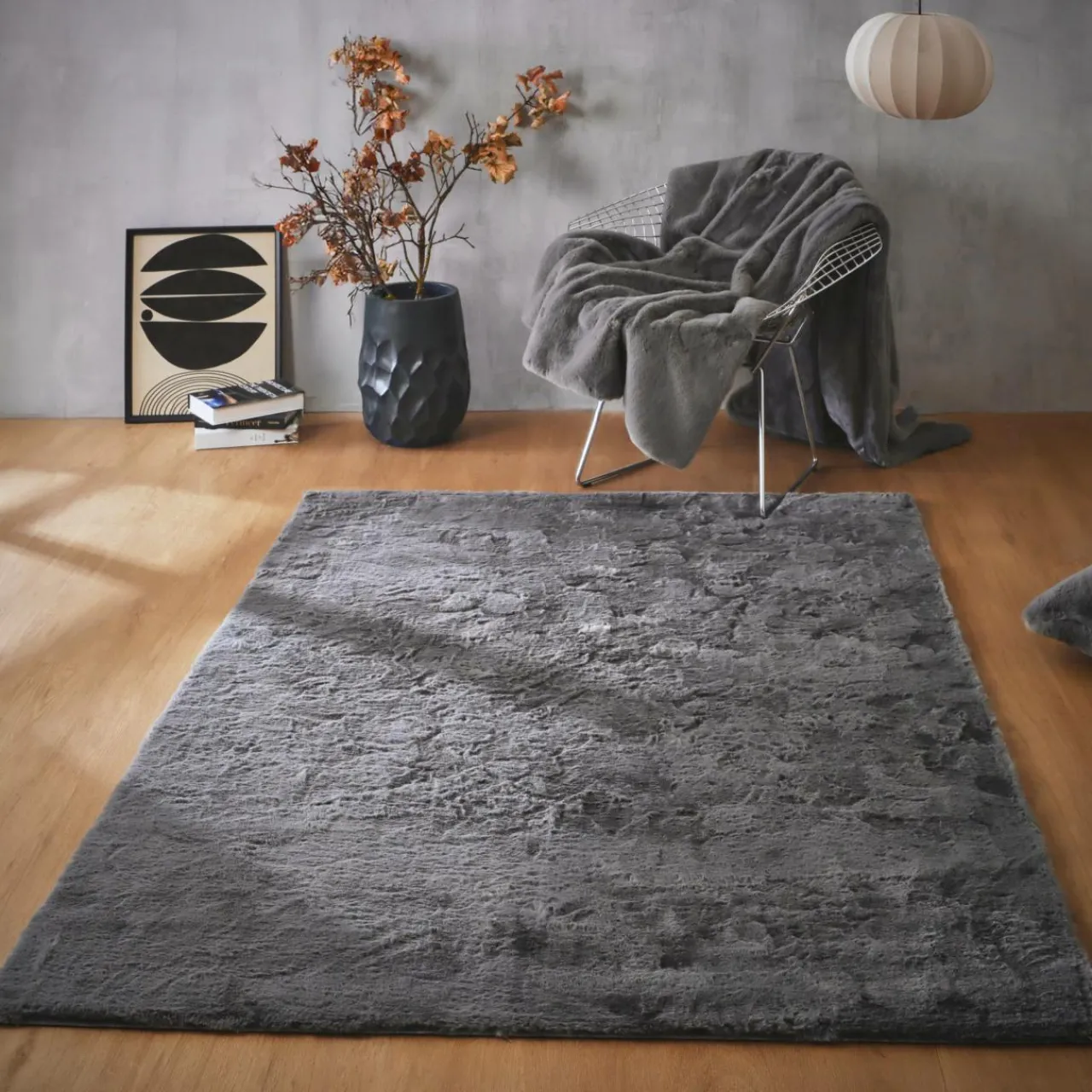 Tapis De Chambre/Salon|EMINZA Tapis rectangulaire fausse fourrure (140 x 200 cm) Finn Gris Anthracite