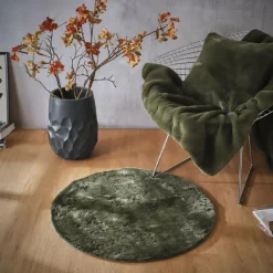 Tapis De Chambre/Salon|EMINZA Tapis rond fausse fourrure (80 cm) Finn Vert kaki