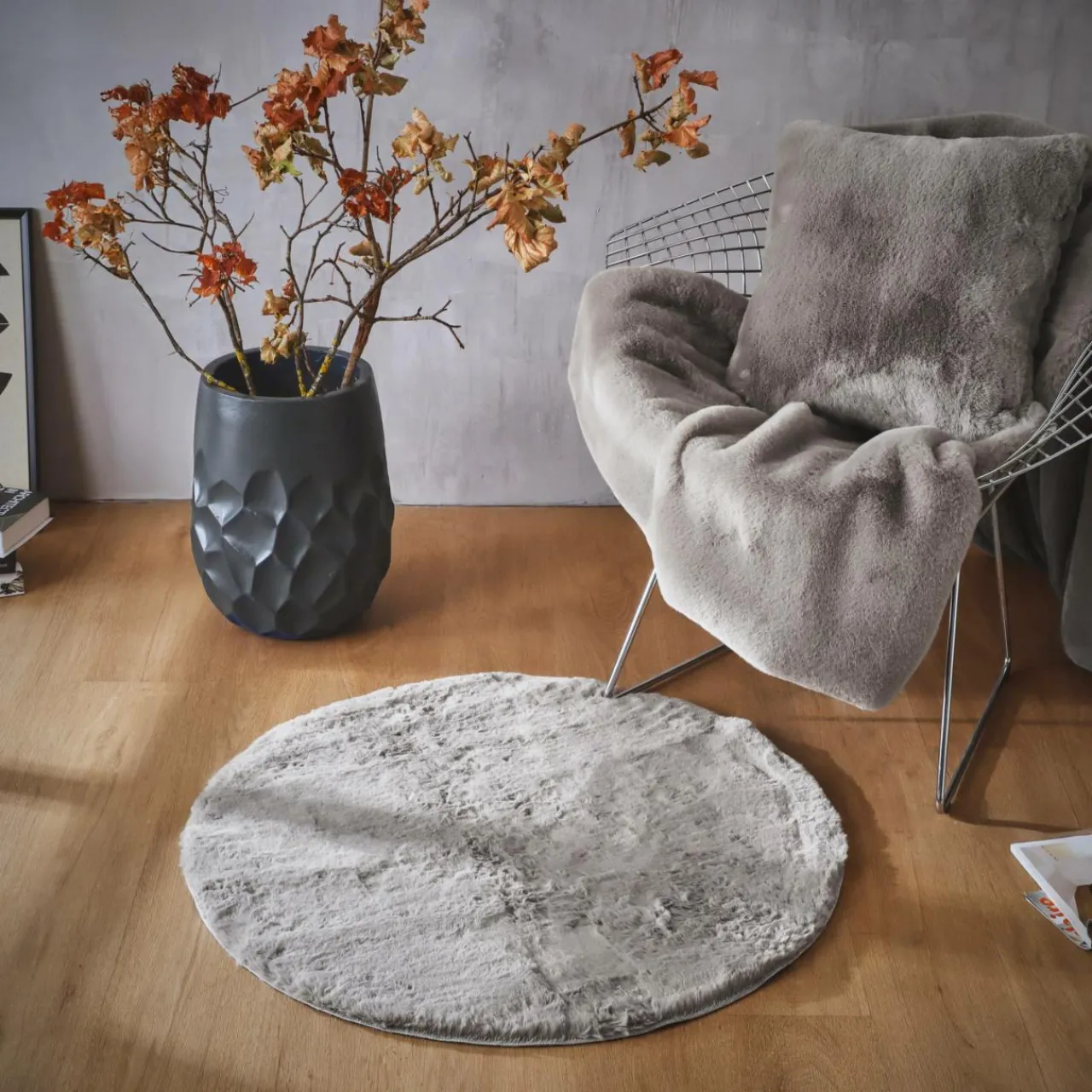 Tapis De Chambre/Salon|EMINZA Tapis rond fausse fourrure (80 cm) Finn Taupe