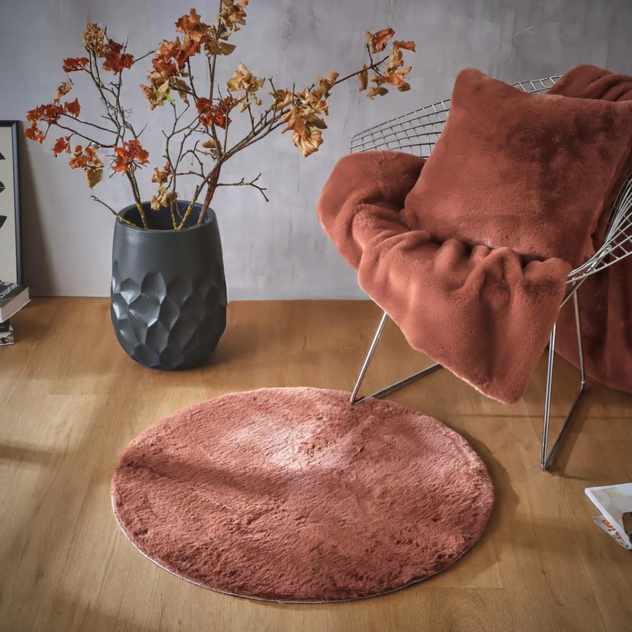 Tapis De Chambre/Salon|EMINZA Tapis rond fausse fourrure (80 cm) Finn Terracotta