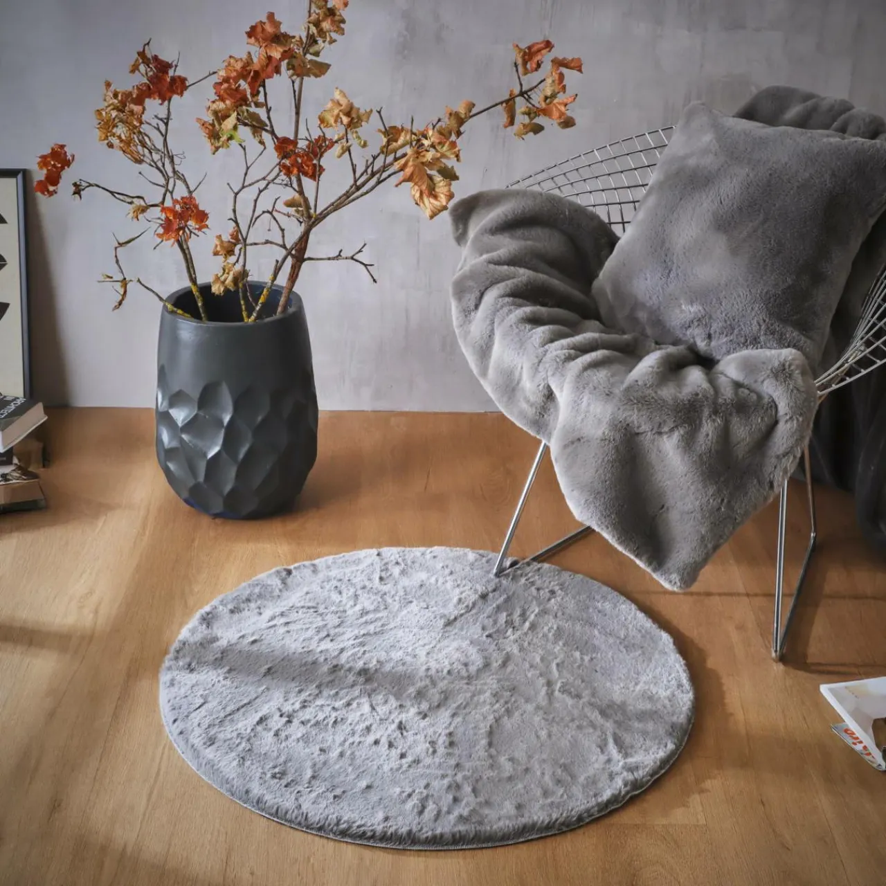 Tapis De Chambre/Salon|EMINZA Tapis rond fausse fourrure (80 cm) Finn Gris Anthracite