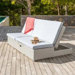 Transat|MOBELLIA Transat double en résine tressée - Canapé de jardin Calvi et gris clair Blanc