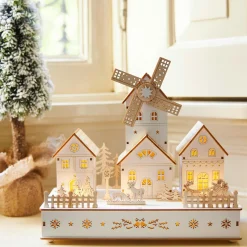Village De Noël En Bois|Déco Et Objet Lumineux|KAEMINGK Village de Noël en bois lumineux musical et animé à piles (H26 cm) Moulin et hameau Naturel