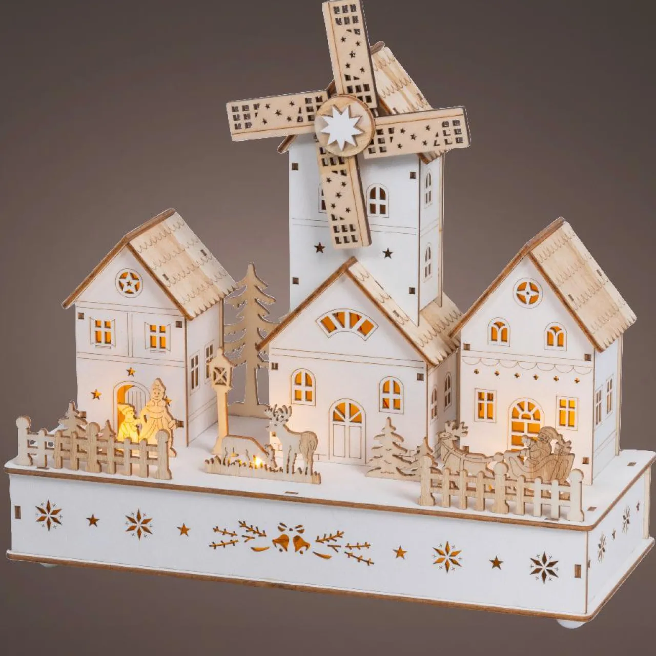 Village De Noël En Bois|Déco Et Objet Lumineux|KAEMINGK Village de Noël en bois lumineux musical et animé à piles (H26 cm) Moulin et hameau Naturel