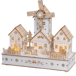 Village De Noël En Bois|Déco Et Objet Lumineux|KAEMINGK Village de Noël en bois lumineux musical et animé à piles (H26 cm) Moulin et hameau Naturel