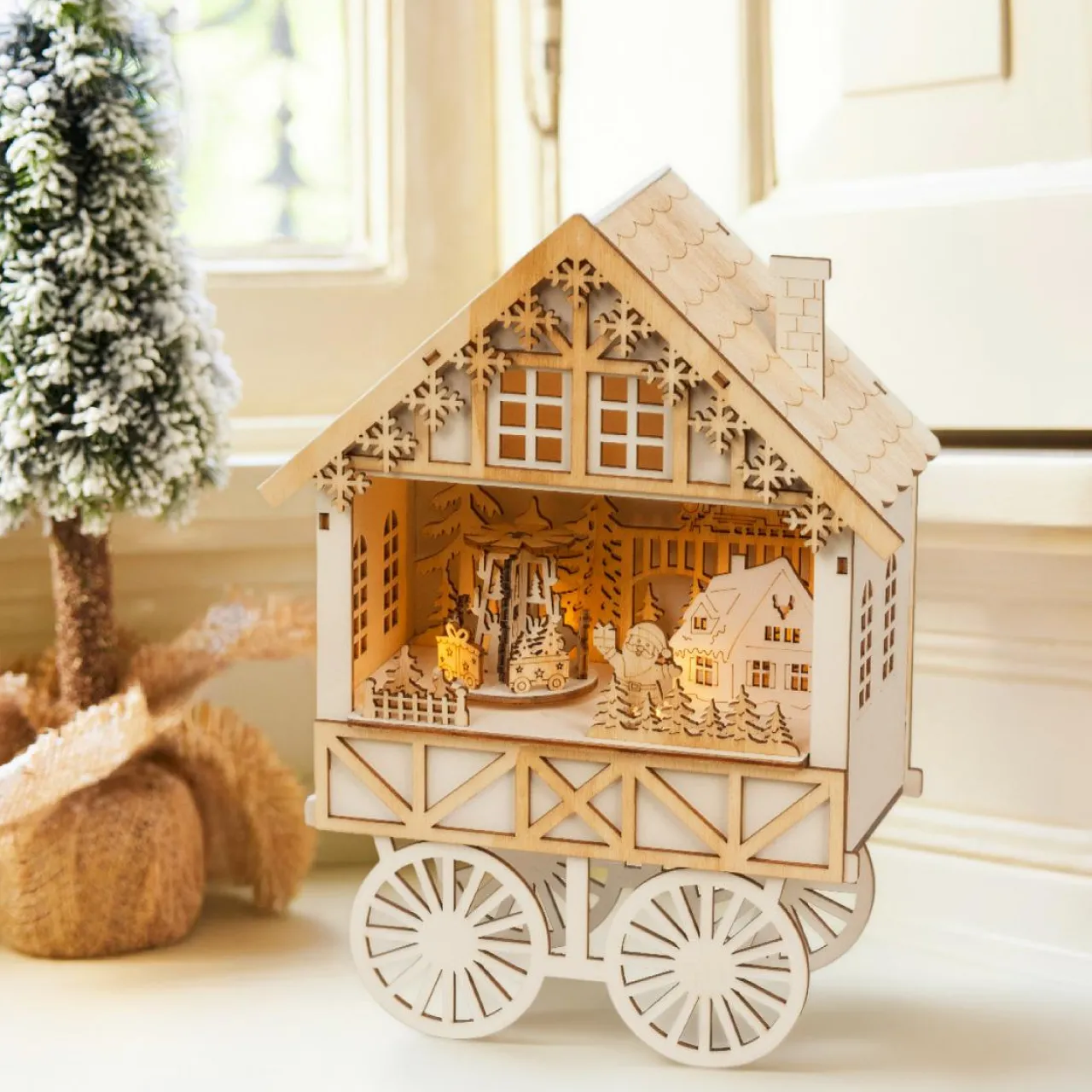Village De Noël En Bois|Déco Et Objet Lumineux|KAEMINGK Village de Noël en bois lumineux musical et animé à piles (H27 cm) Charriot festif Naturel