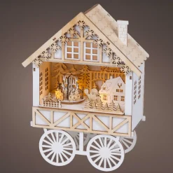 Village De Noël En Bois|Déco Et Objet Lumineux|KAEMINGK Village de Noël en bois lumineux musical et animé à piles (H27 cm) Charriot festif Naturel