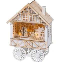 Village De Noël En Bois|Déco Et Objet Lumineux|KAEMINGK Village de Noël en bois lumineux musical et animé à piles (H27 cm) Charriot festif Naturel