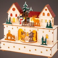 Village De Noël En Bois|KAEMINGK Village de Noël en bois lumineux et musical à piles (24 x H21 cm) Village et animaux